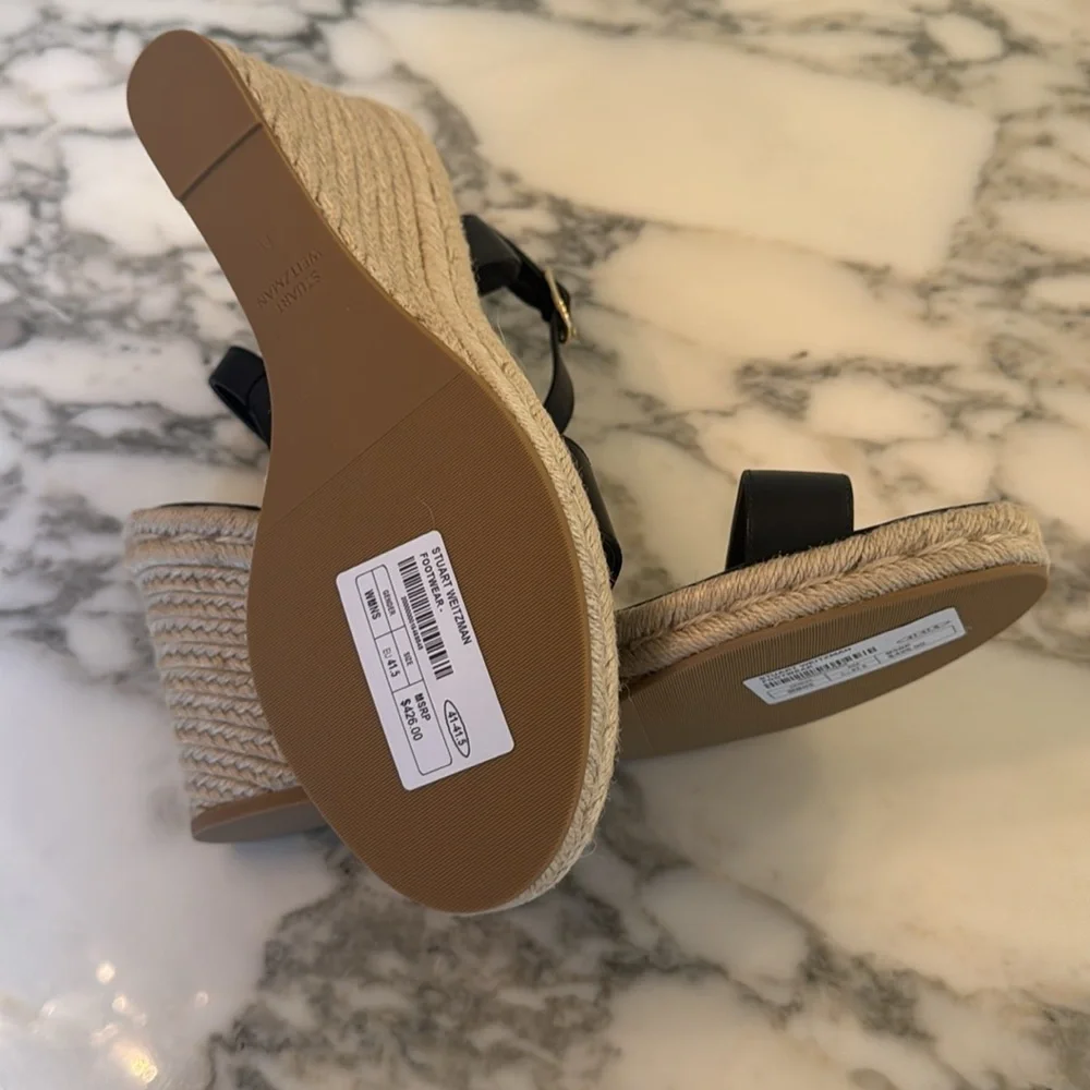 NIB Stuart Weitzman Teddi espadrille wedge sandals heels black leather 11.5